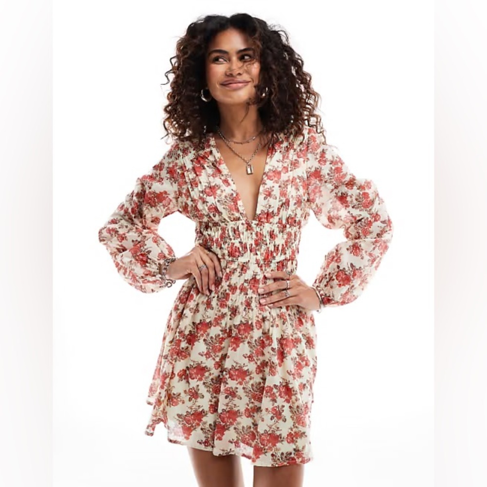 Free People Keep You Smocked Floral Mini Dress L Large Long Sleeve Boho V-Neck